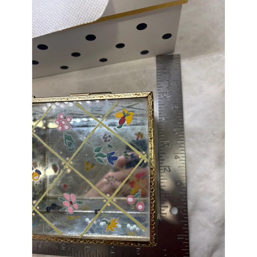 Vintage Hand Painted Glass Jewelry Box Floral Fruit Lattice Brass Trim Mirrored